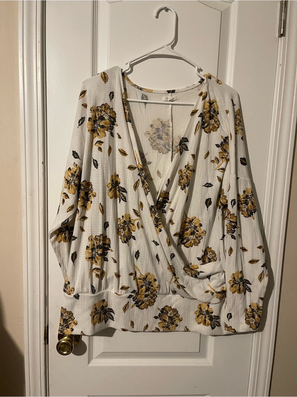 Maurices White Floral Wrap Tunic with Mustard Blooms